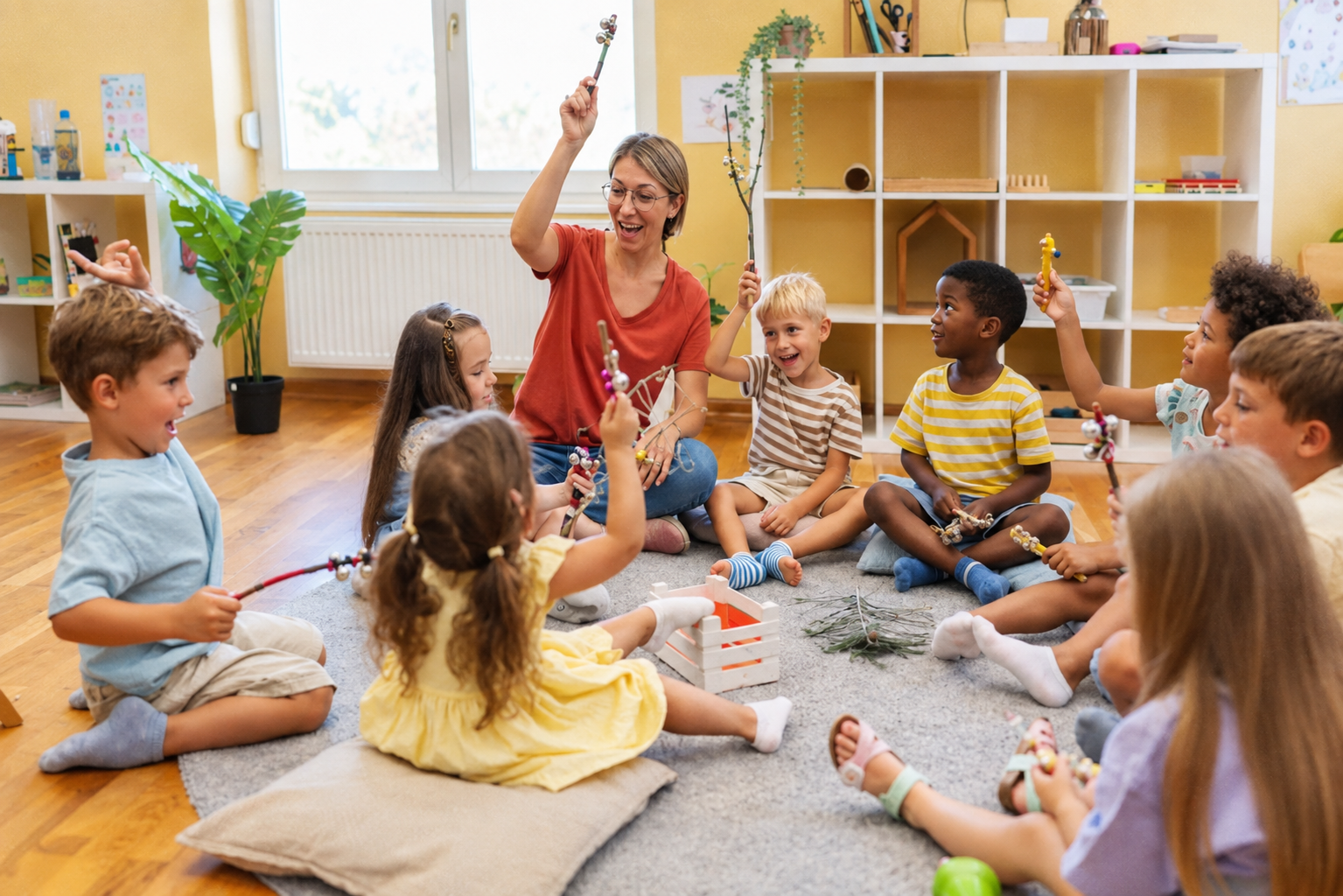Montessori teacher leading a circle of young children on a classroom rug